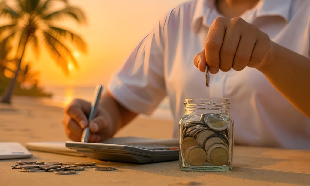 Persona organizando su dinero con una libreta y calculadora
